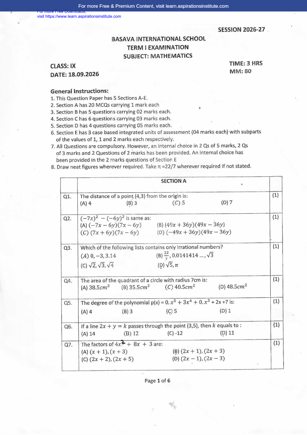 Preview page 1 of 9_Maths_HY Paper_Basava Intl School_2026-27